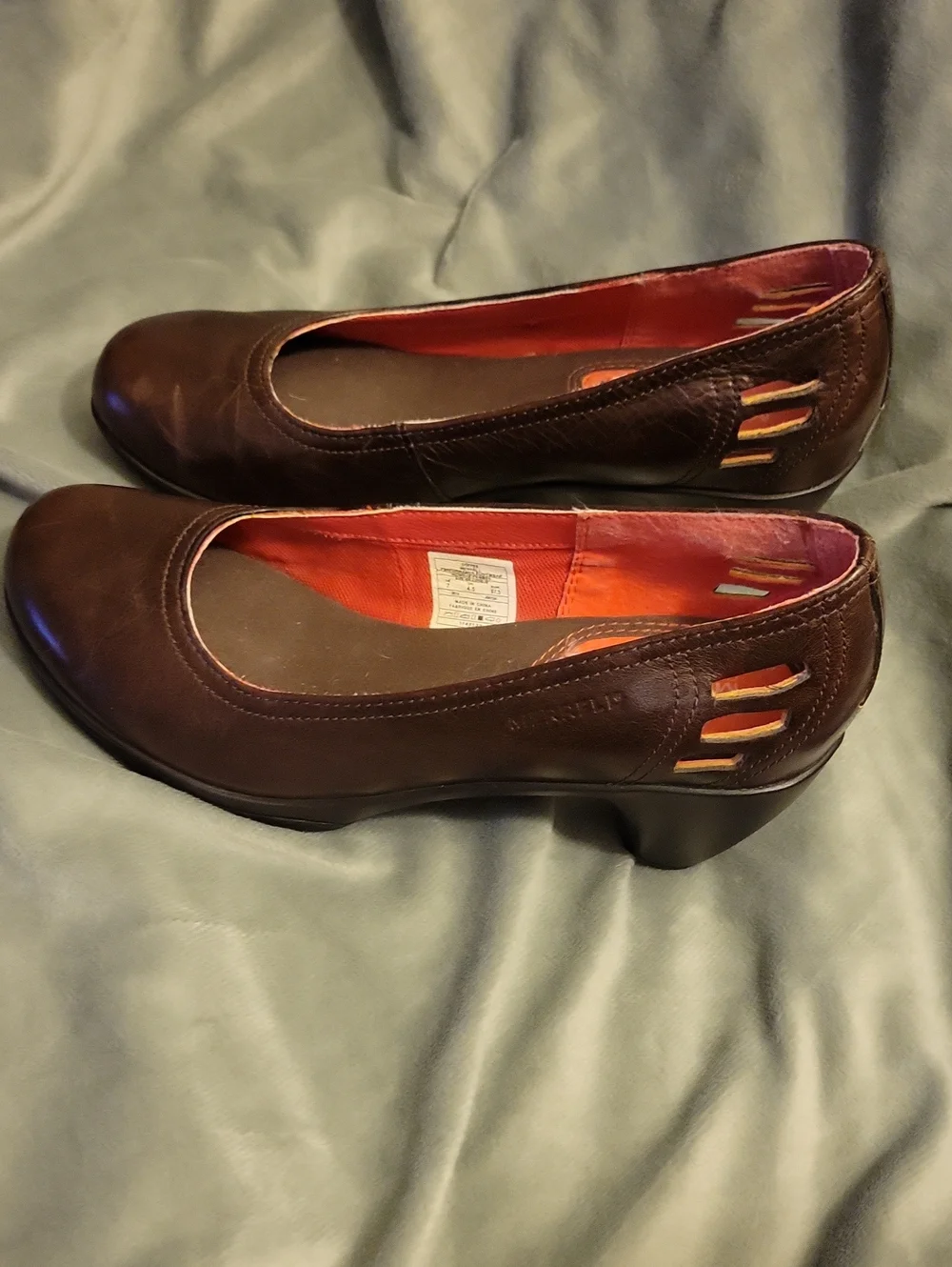 Merrell Dark Brown Leather Wedge Pumps with Red Lining